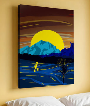 Paisaje surrealista con una puesta de sol vibrante y silueta