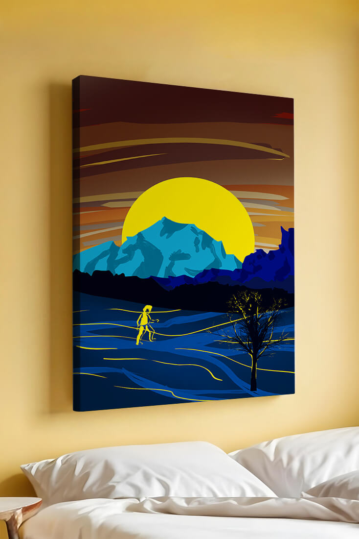 Surreal landscape with a vibrant sunset and silhouette