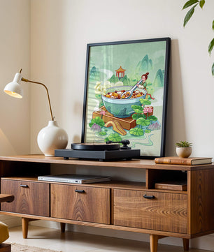 Illustration of a traditional Asian scene with large bowl and serene landscape