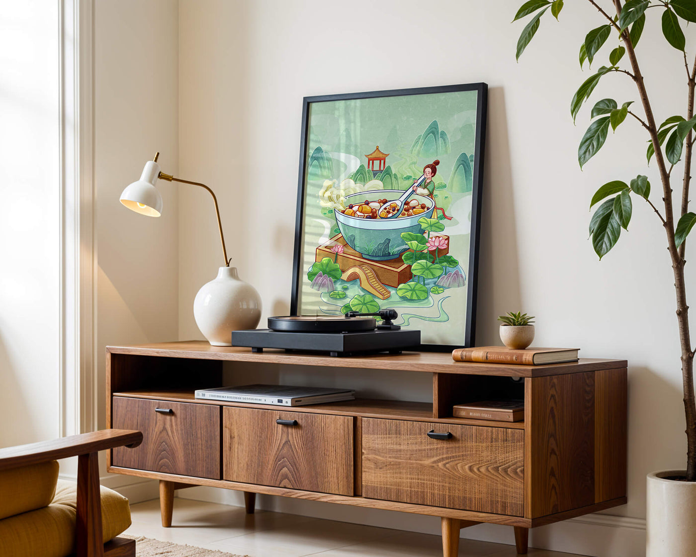 Illustration of a traditional Asian scene with large bowl and serene landscape
