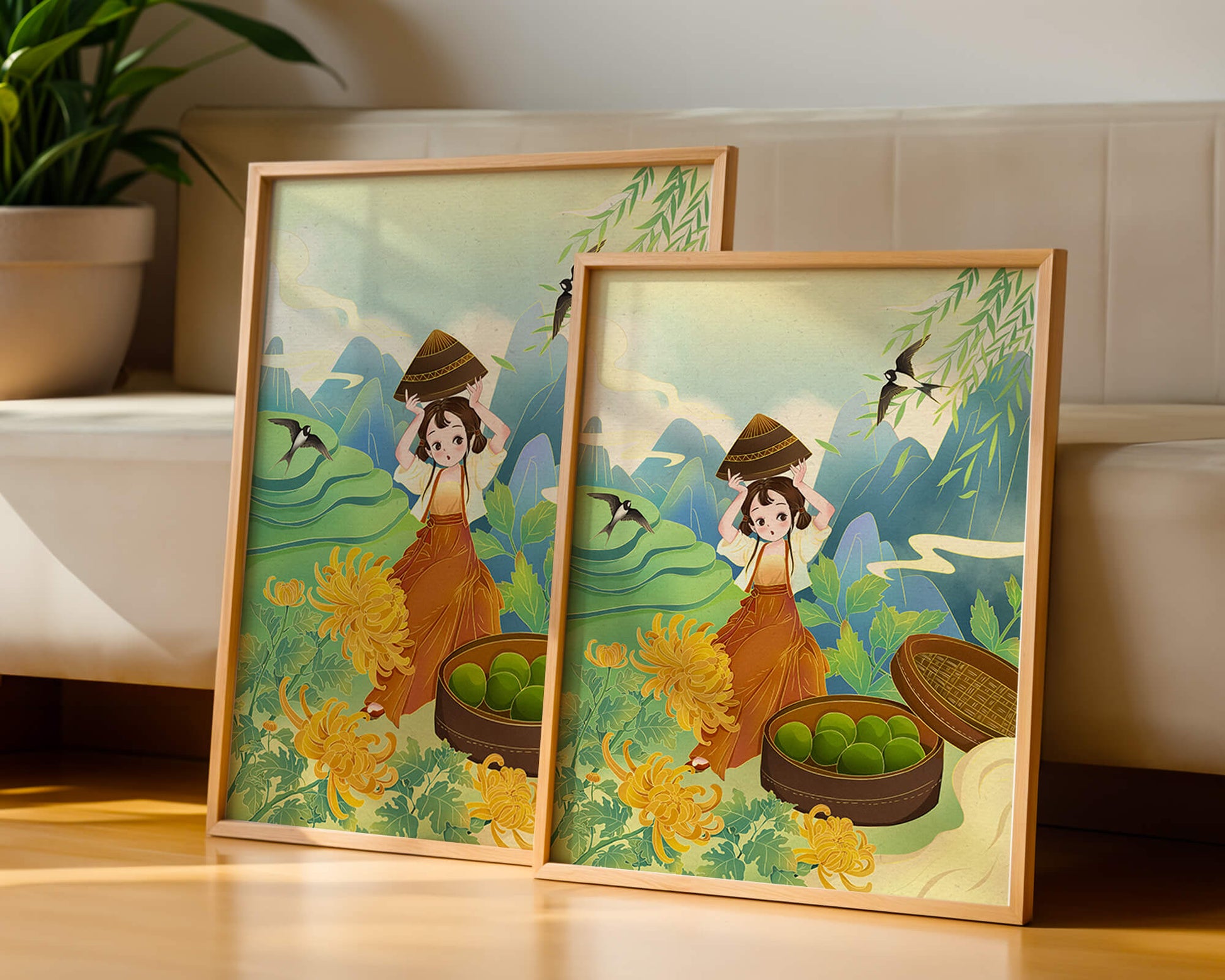 Young girl with basket in vibrant mountain landscape with birds and flowers