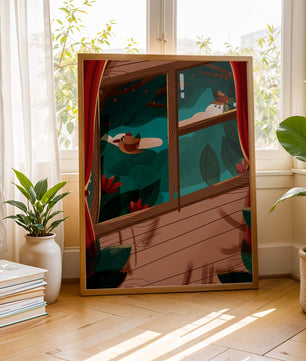 Bird Sitting by an Open Window Overlooking a Lush Garden