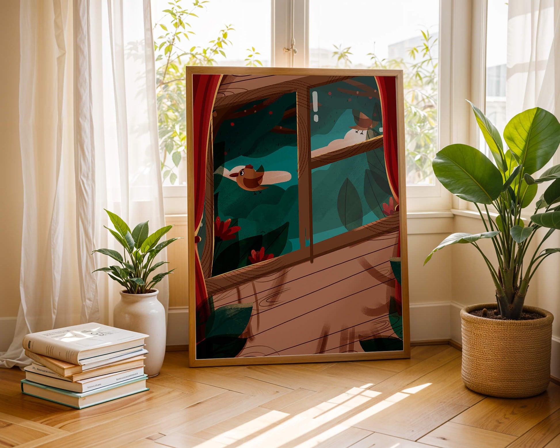 Bird Sitting by an Open Window Overlooking a Lush Garden