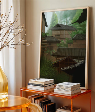 Traditional Japanese Architectural Scene with Lush Greenery