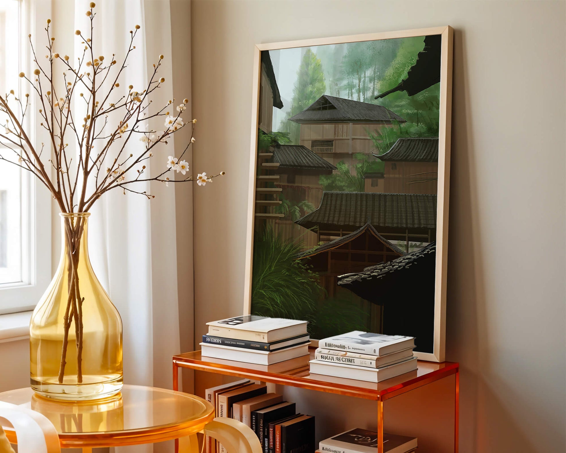 Traditional Japanese Architectural Scene with Lush Greenery