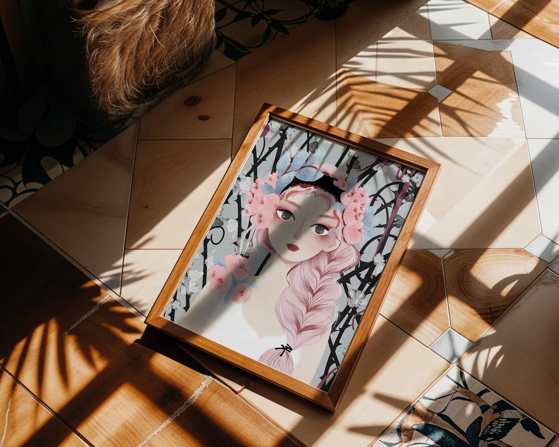 Whimsical illustration of a girl with pink hair and floral crown