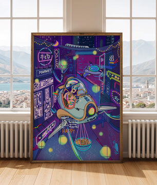 Ciudad futurista con un vehículo de reparto volador y letreros de neón