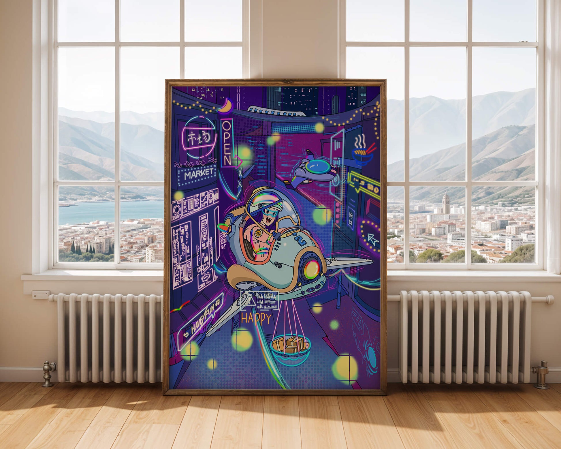 Futuristic cityscape with a flying delivery vehicle and neon signs