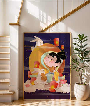 Illustration de déesse de la lune avec des lapins et des lanternes sur fond de mi-automne