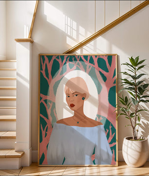 Illustration einer Frau mit einem pastellfarbenen Hintergrund aus abstrakten Bäumen