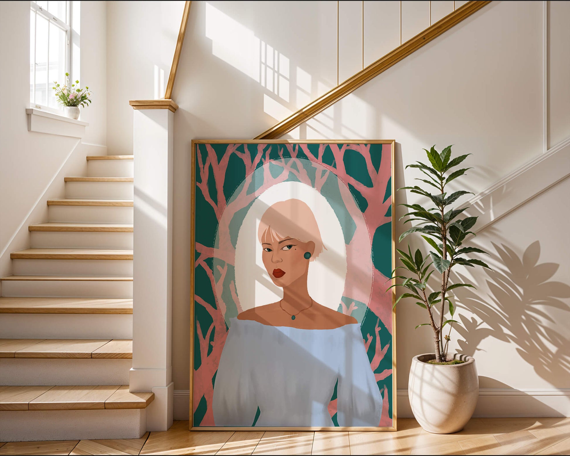 Illustration einer Frau mit einem pastellfarbenen Hintergrund aus abstrakten Bäumen