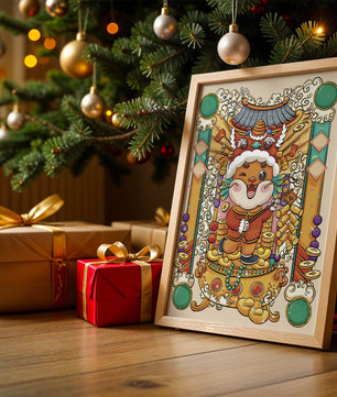 Bunte Illustration eines niedlichen Tieres in traditioneller Festtagskleidung mit goldenen Elementen