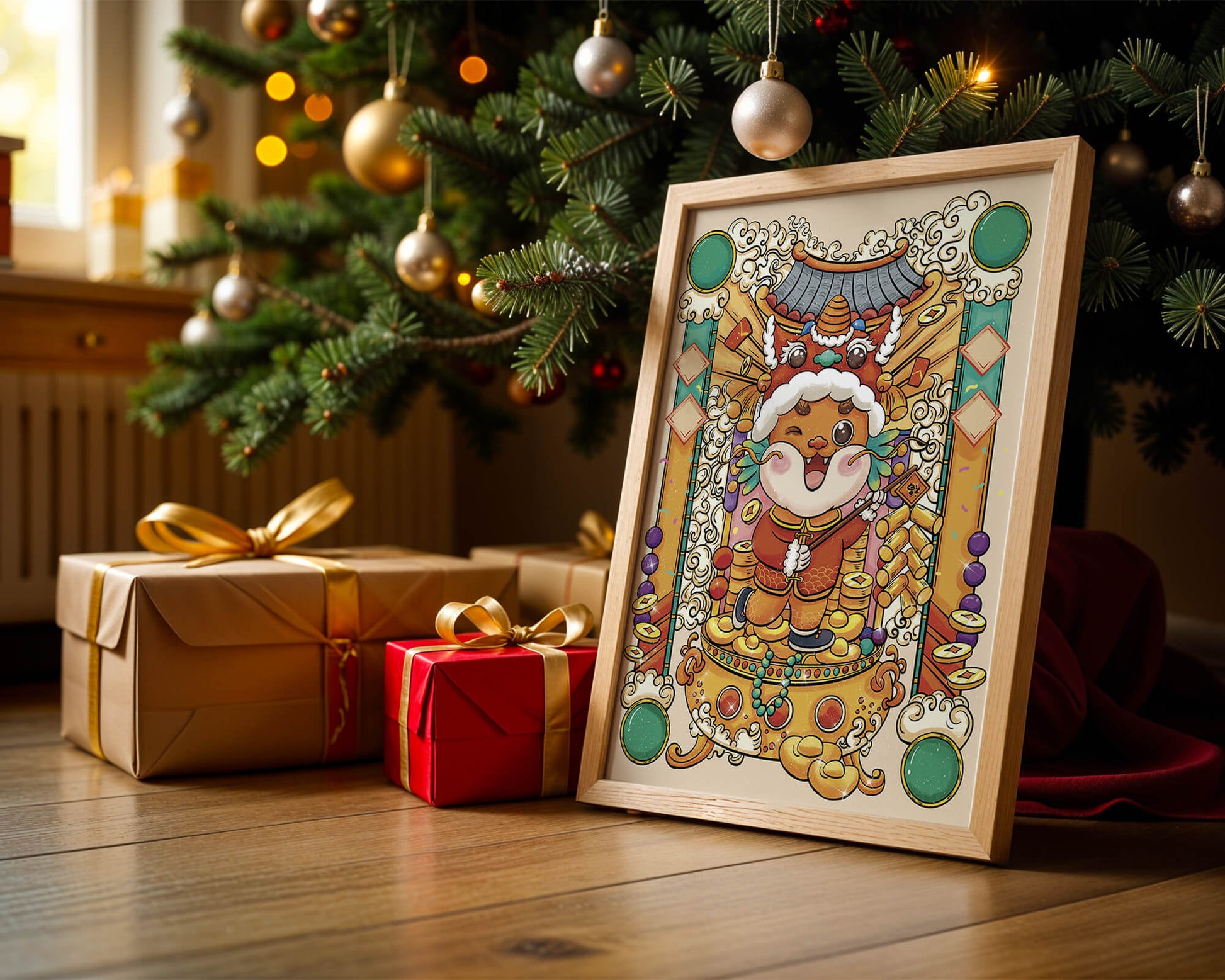 Ilustración colorida de un animal lindo en atuendo festivo tradicional con elementos dorados