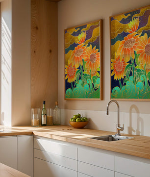 Vibrant sunflowers with intricate background patterns
