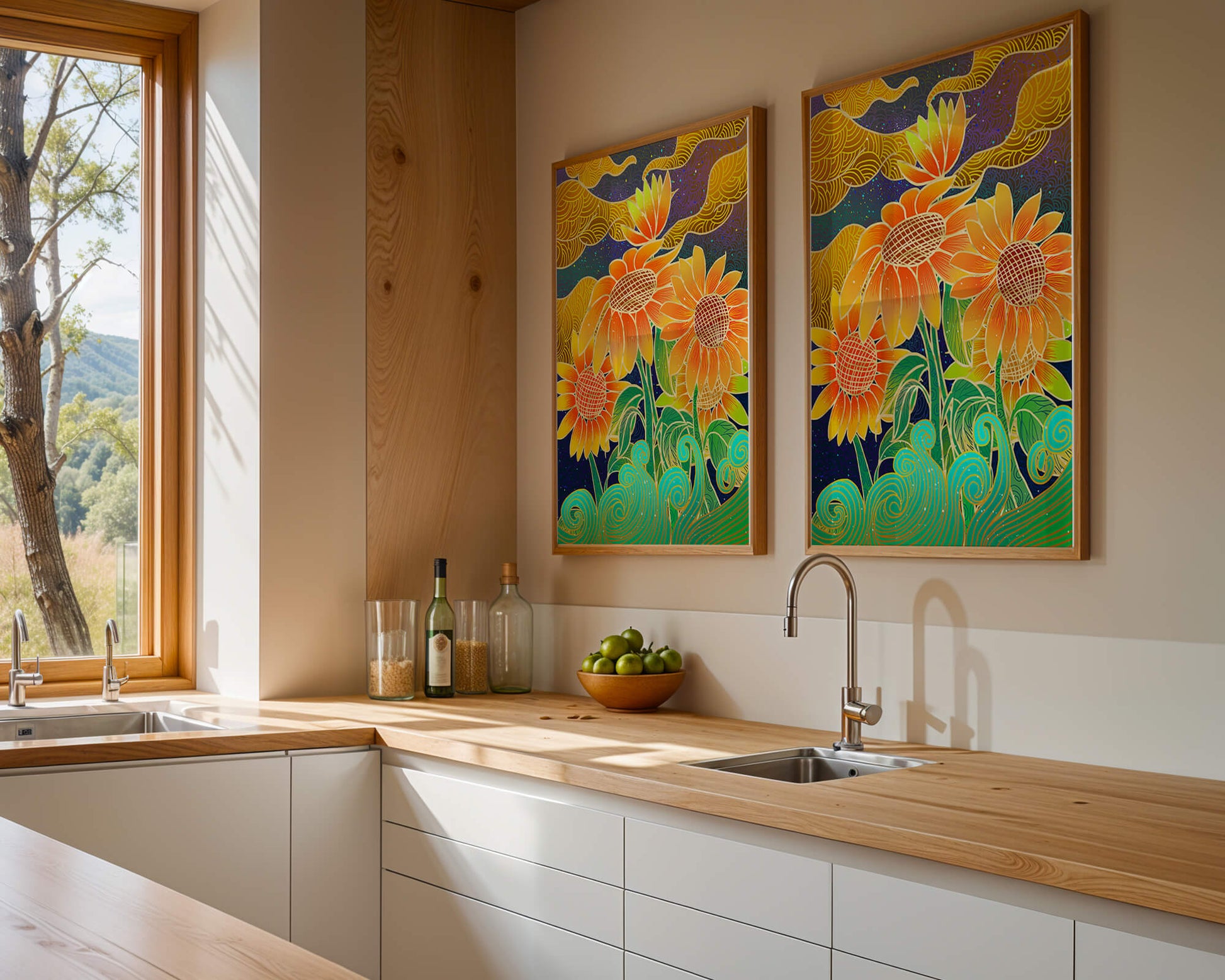 Vibrant sunflowers with intricate background patterns
