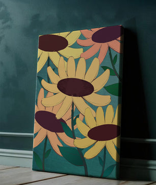Ilustración floral con margaritas amarillas y naranjas sobre fondo turquesa