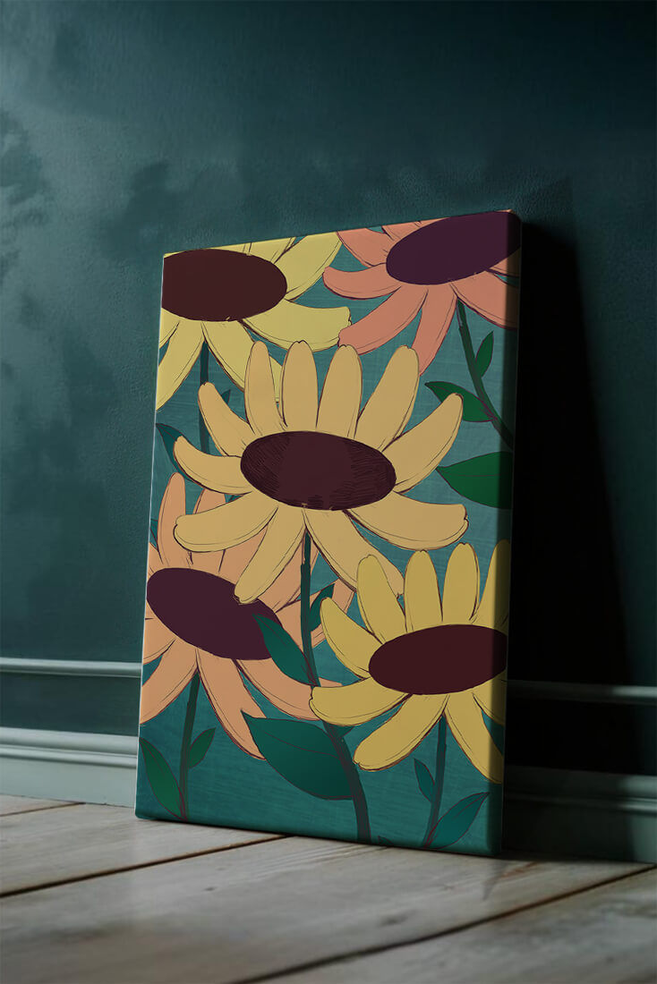 Ilustración floral con margaritas amarillas y naranjas sobre fondo turquesa