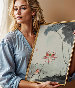 Aquarell Lotusblüte mit Seerosenblättern in ruhiger Szene