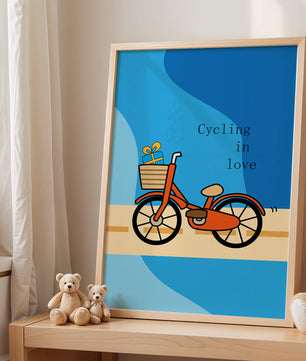 Bicicleta colorida con un regalo en la cesta sobre fondo azul
