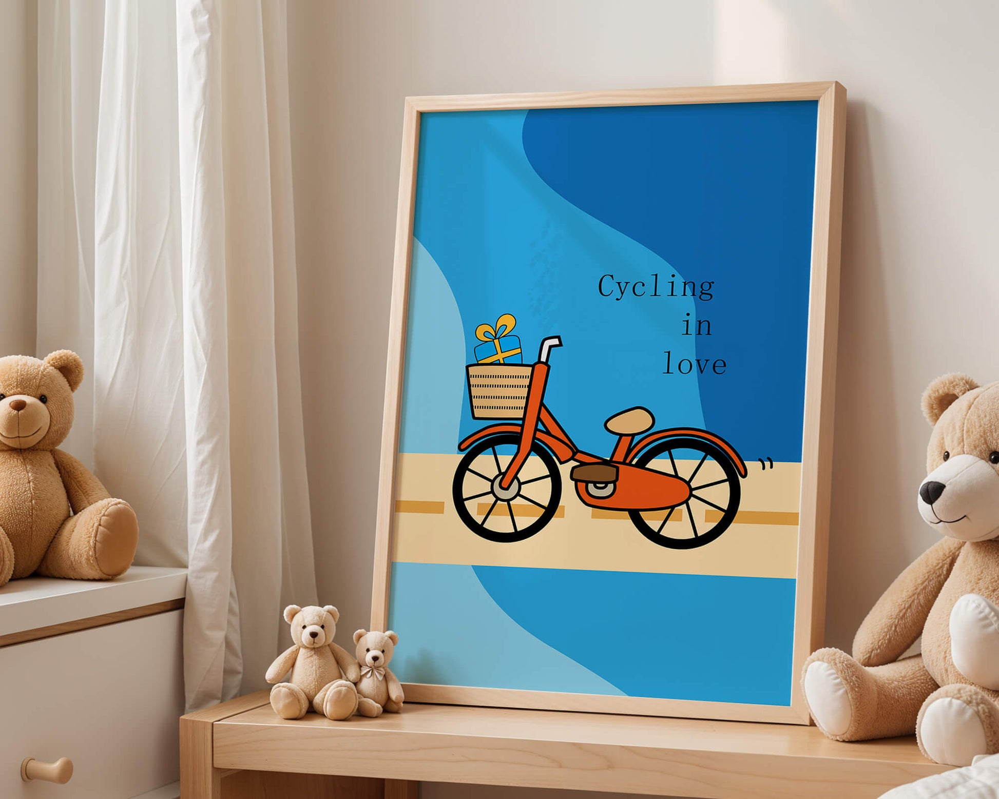 Colorful bicycle with a gift in basket against blue background