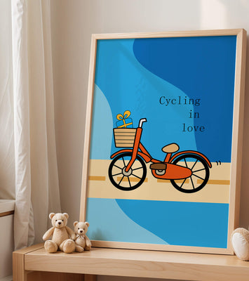 Colorful bicycle with a gift in basket against blue background