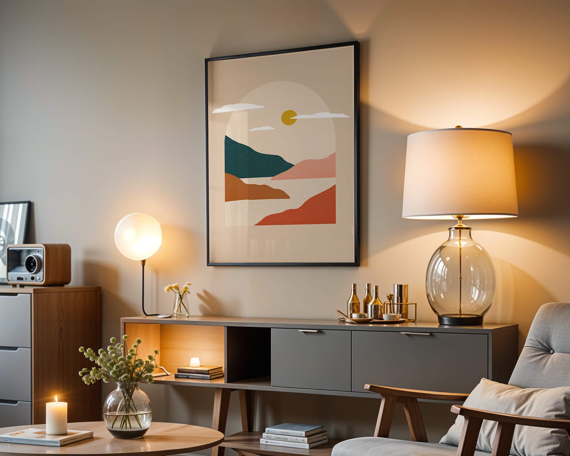 Paysage minimaliste avec montagnes et soleil