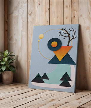 Abstract Geometric Landscape with Mountain and Sun - Mi tienda