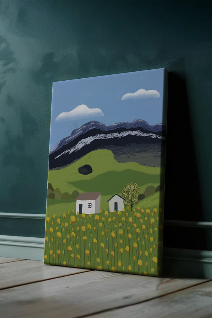 Peaceful Rural Landscape with Houses and Yellow Flowers under Blue Sky