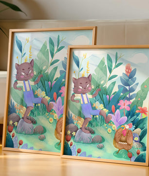 Playful Cat and Chicken in Vibrant Forest Scene Illustration