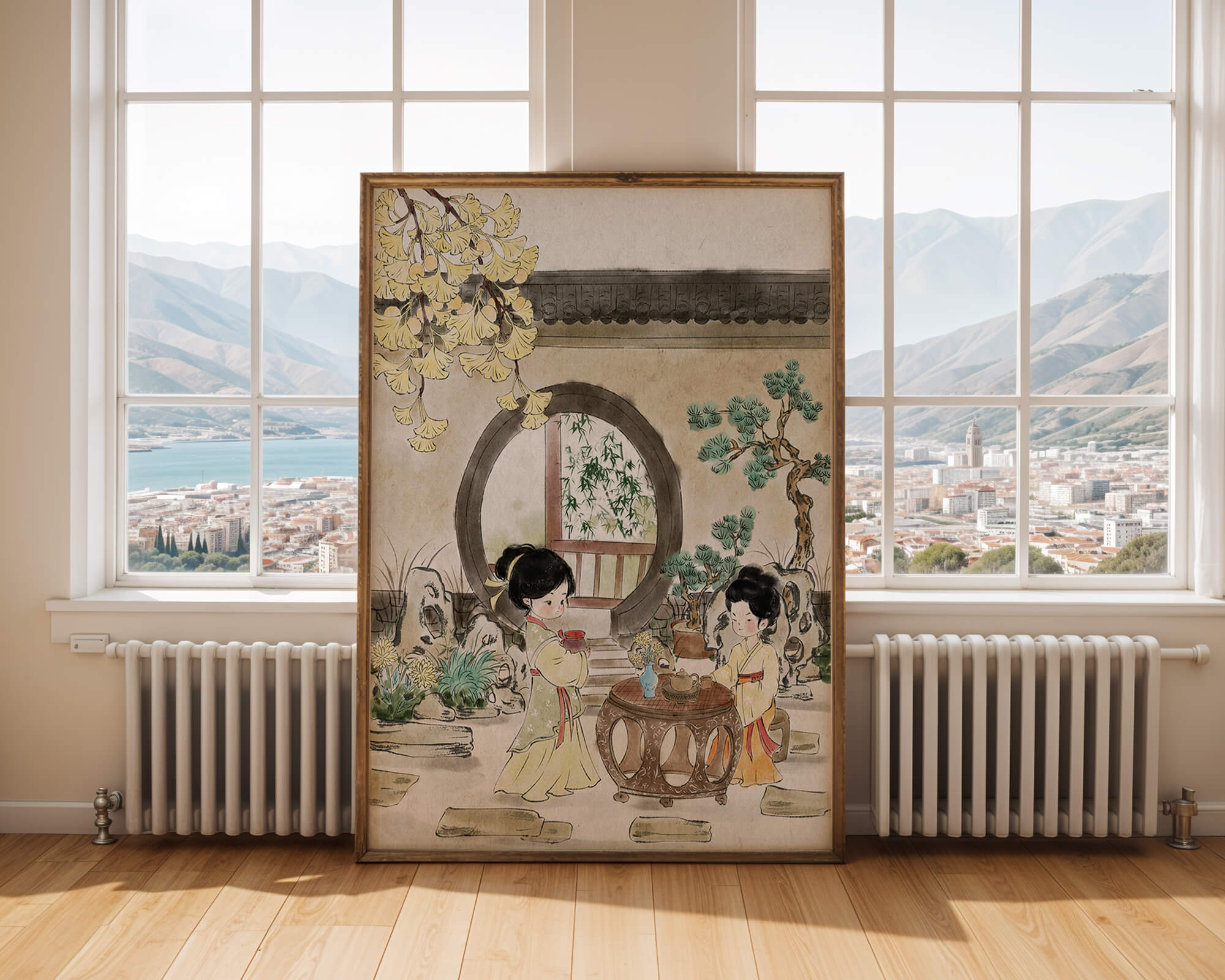 Serene traditional Chinese garden scene with women in elegant attire