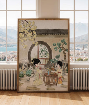 Scène sereine de jardin traditionnel chinois avec des femmes en tenue élégante