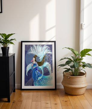 Elegant woman with floral motif and ethereal bird illustration