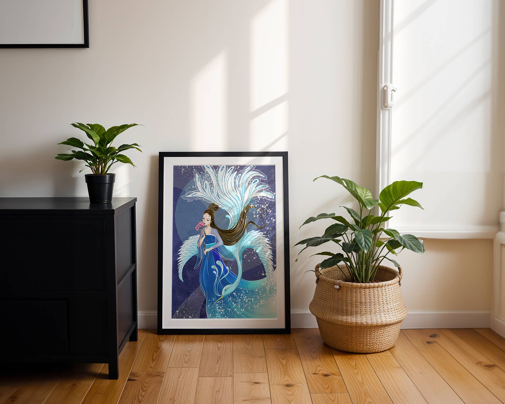 Elegant woman with floral motif and ethereal bird illustration