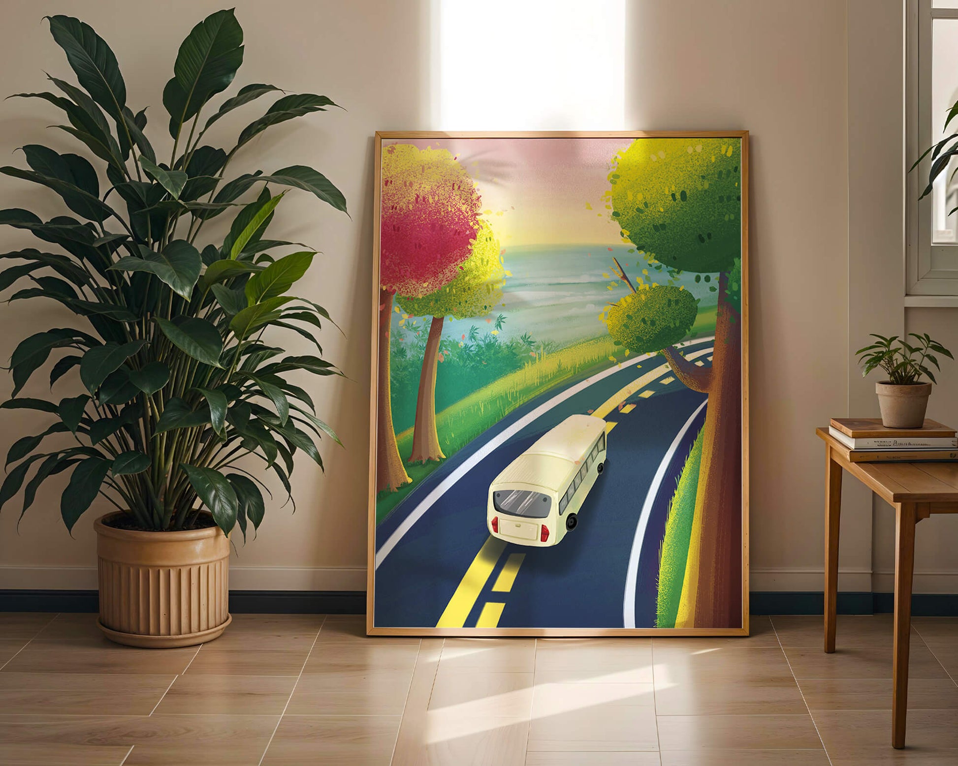 Scenic Road Trip with Vibrant Trees and Sunset