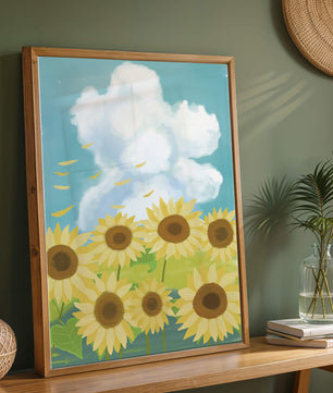 Sonnenblumen in einer hellen Wiese mit blauem Himmel und Wolken