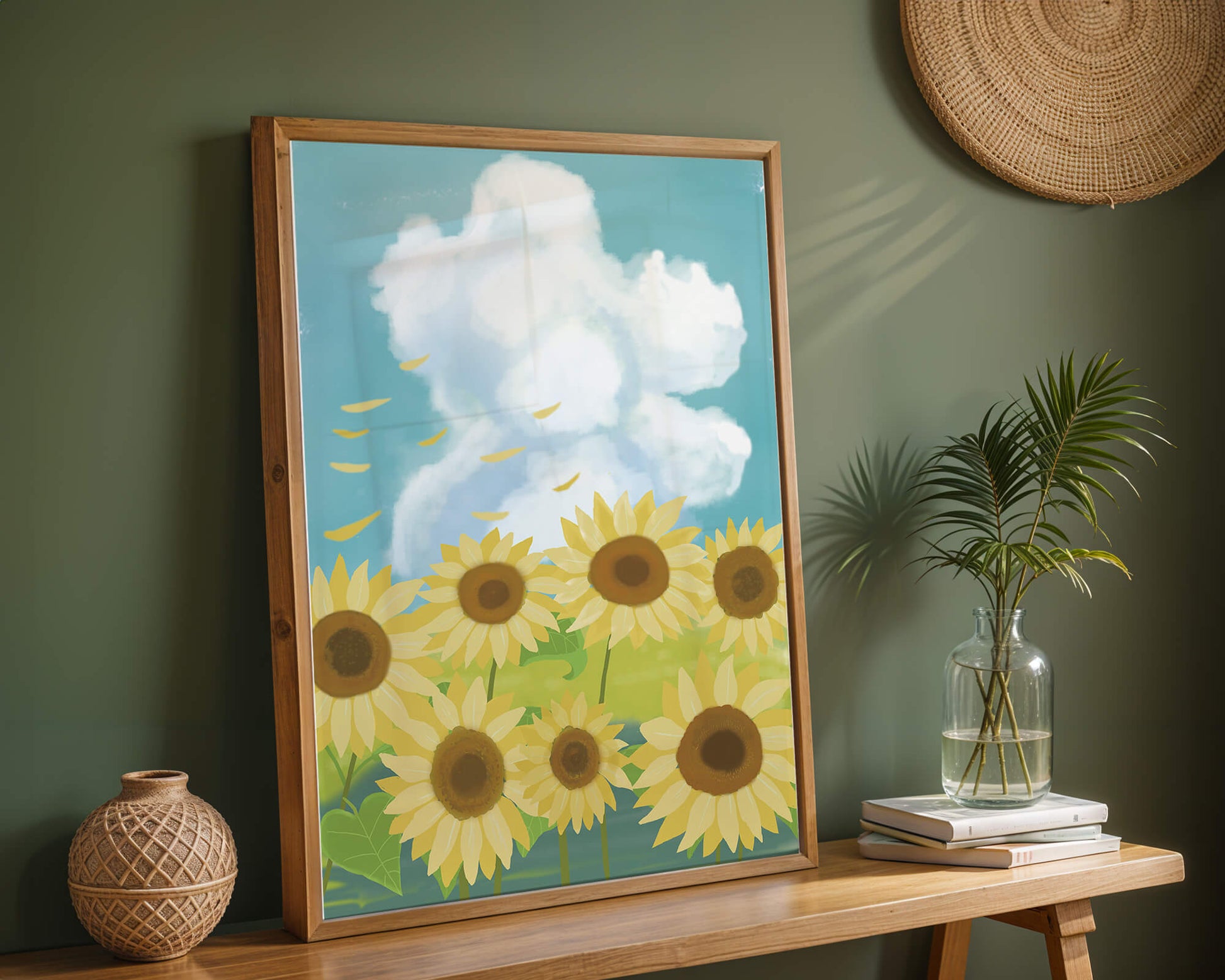 Girasoles en un prado brillante con cielo azul y nubes