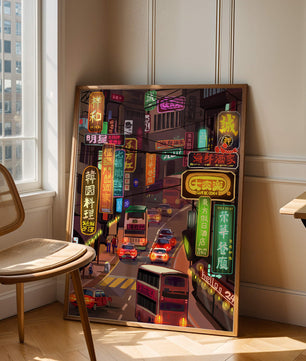 Vibrant urban street with neon signs and bustling traffic at night