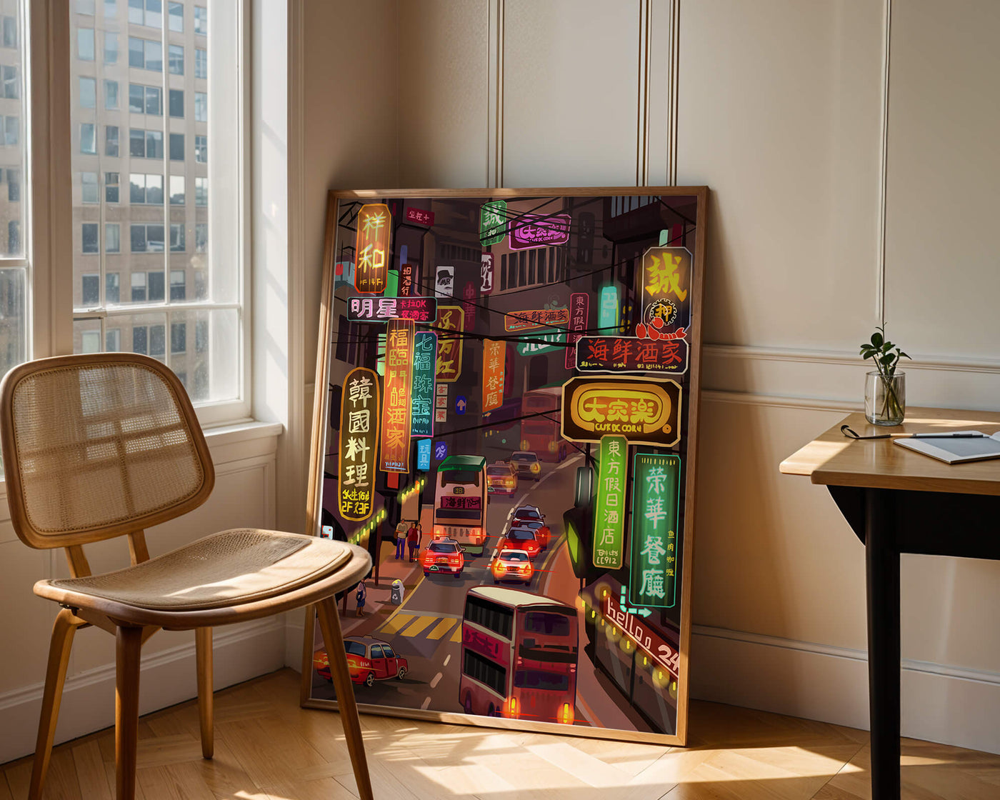 Vibrant urban street with neon signs and bustling traffic at night