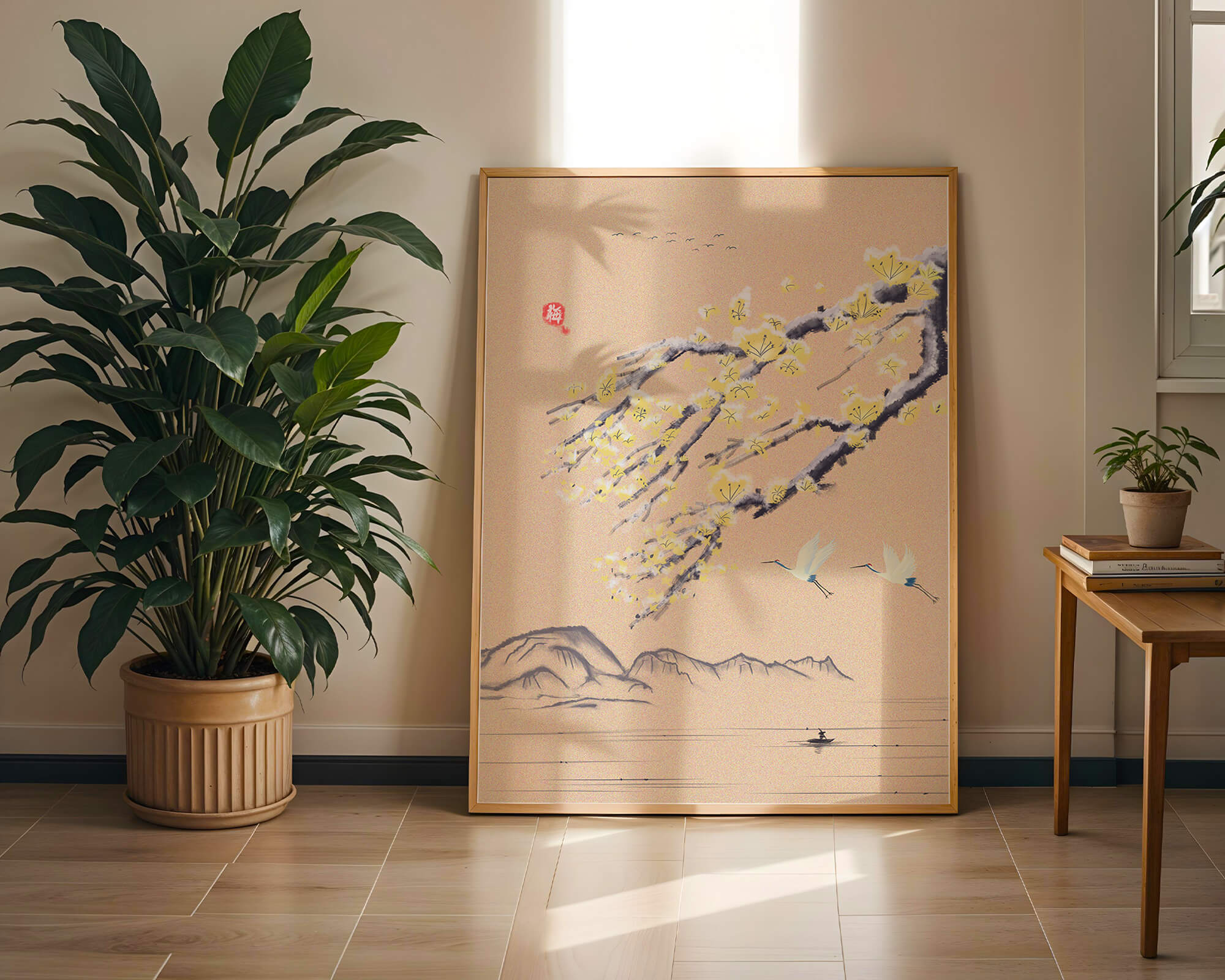 Tranquil landscape with blooming branches and flying cranes