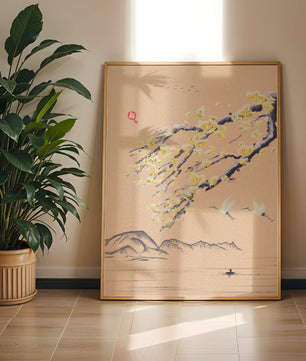 Tranquil landscape with blooming branches and flying cranes
