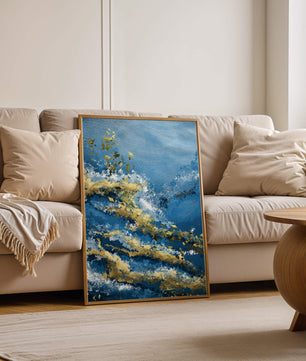 Textura abstracta en azul y dorado con patrones dinámicos