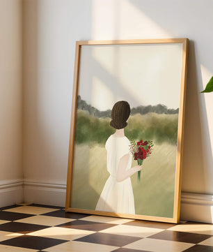 Woman in White Dress Holding Bouquet Facing Nature