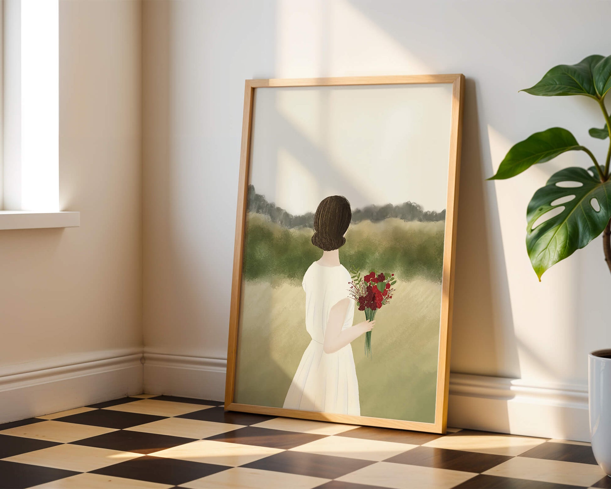 Woman in White Dress Holding Bouquet Facing Nature