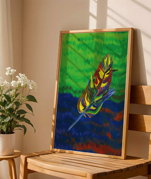Abstract colorful feather on vibrant background