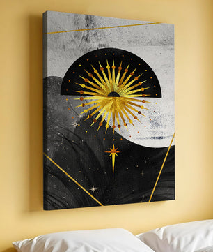 Abstract cosmic design featuring golden sunburst and celestial elements