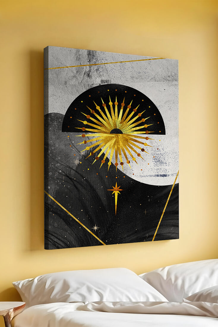 Abstract cosmic design featuring golden sunburst and celestial elements