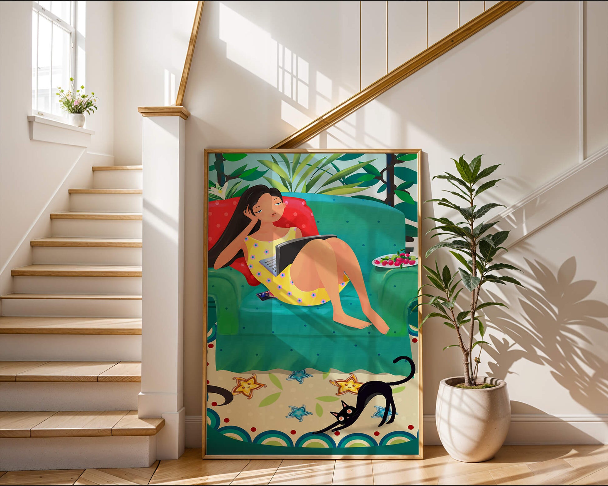 Young Woman Relaxing on Couch with Cat and Fruits in Vibrant Living Room