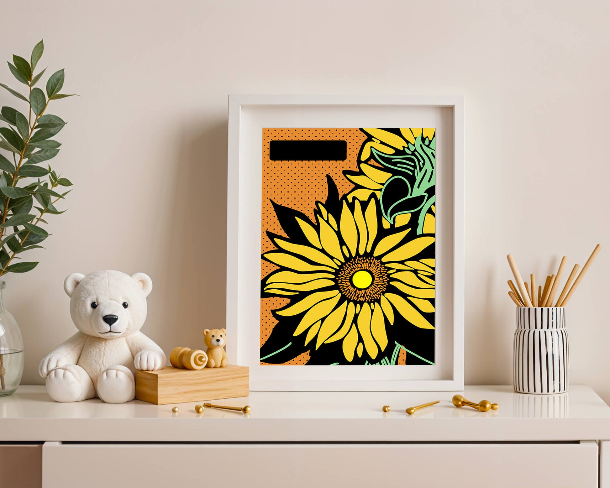 Colorful sunflower illustration with bold lines and dots