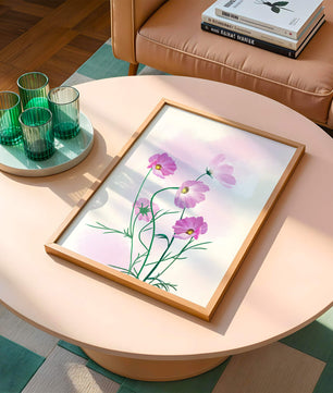 Delicadas flores de cosmos rosa sobre un fondo pastel suave