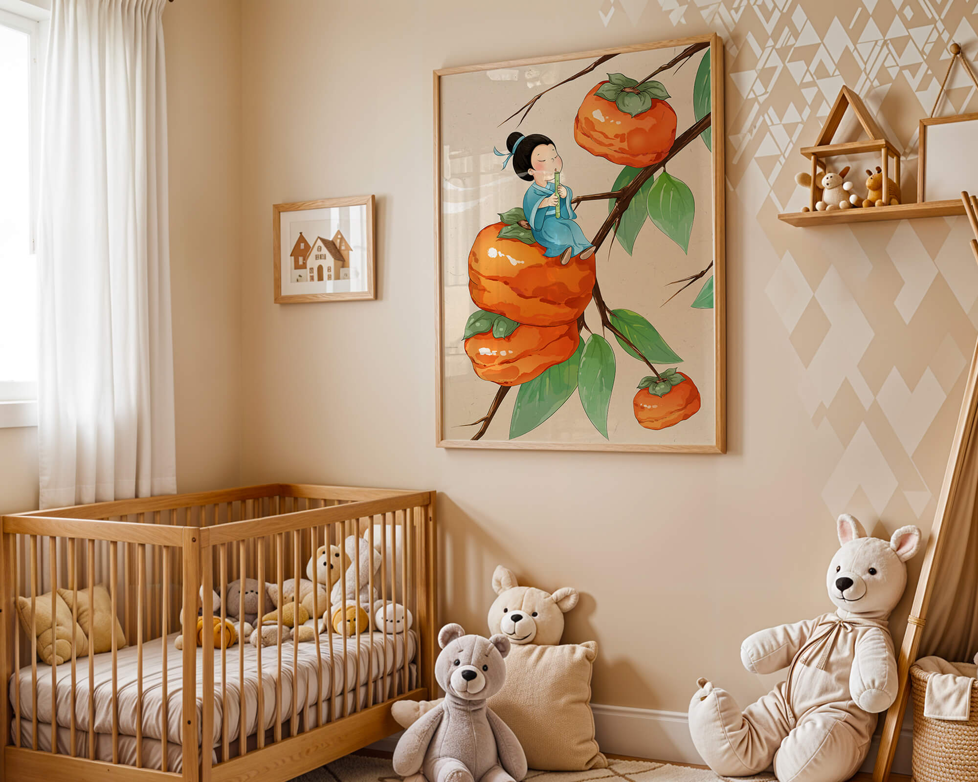 Child playing flute on persimmon-filled tree in whimsical illustration